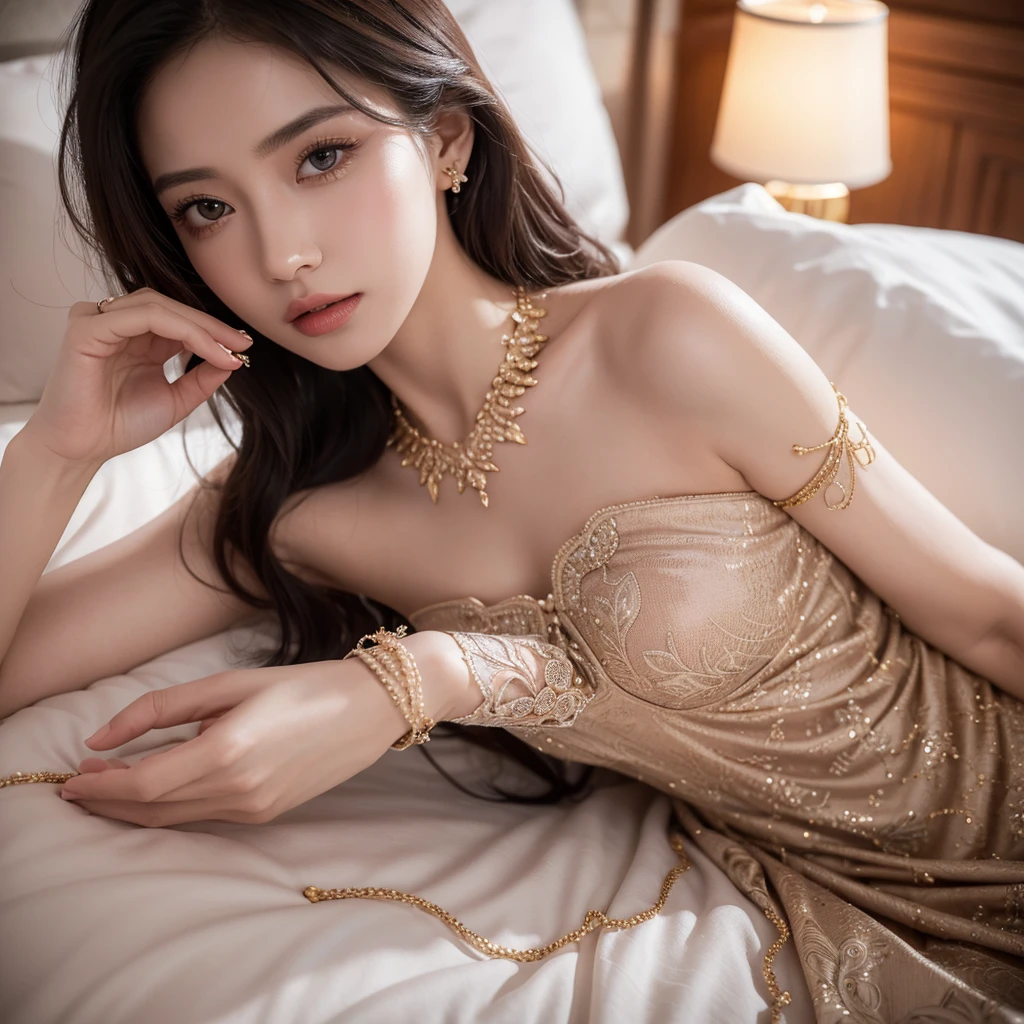 Korean girl,Being in a hotel,(Lying on her back in bed:1.5),(spread their legs,Curl up:1.3),(The legs are lifted by the man and placed on the shoulders:1.2),(Being touched by men:1.5),(Being stroked by a man's crotch:1.5),Top-down view,
(((tmasterpiece))), ((best qualtiy)), ((intricately details)), ((ultra-realistic realism)), Ridiculous res, A MILF, Mature woman, ssee-through, highly detailed, illustratio, 1. Mature women, with fair skin,((Large breasts:1.1)),perfect hand, detailed finger, Beautiful detailed eyes,Wavy curly hair,with brown eye, name badge, vd, (Bandeau evening dress:1.5),Bandeau,neck rings,耳Nipple Ring, detailedbackground, Being in a hotel, perfect eyes, Seductive eye,Cocked buttocks,Reddened face,(weeping:1.2),Confused eyes