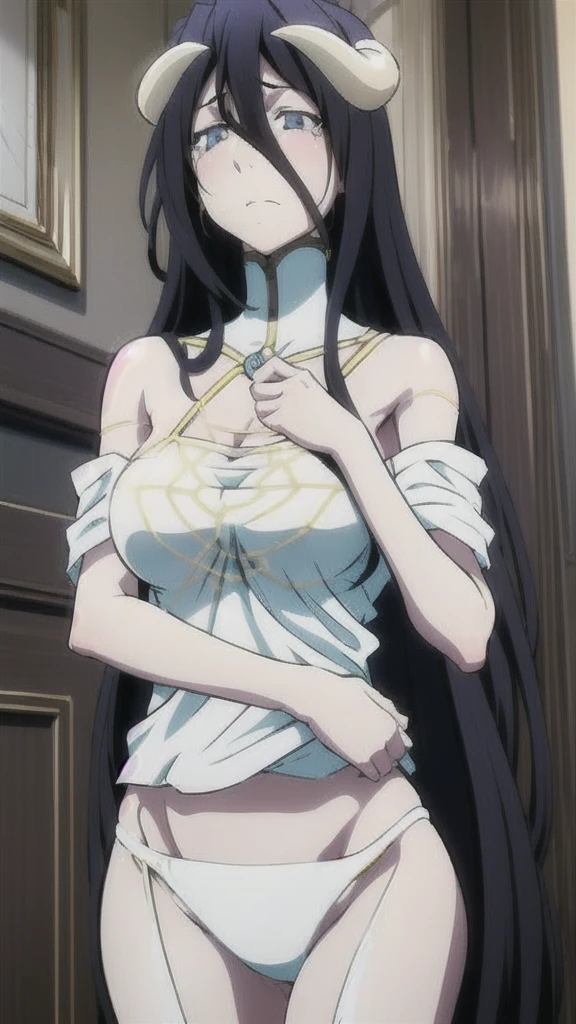 alone, One girl, View your viewers, sketch, Flat Color, 2D, anime, anime coloring, Black Hair, long hair, horn, cowboy shot, (Pure white lace camisole, Pure white lace panties), Crying face, large breast