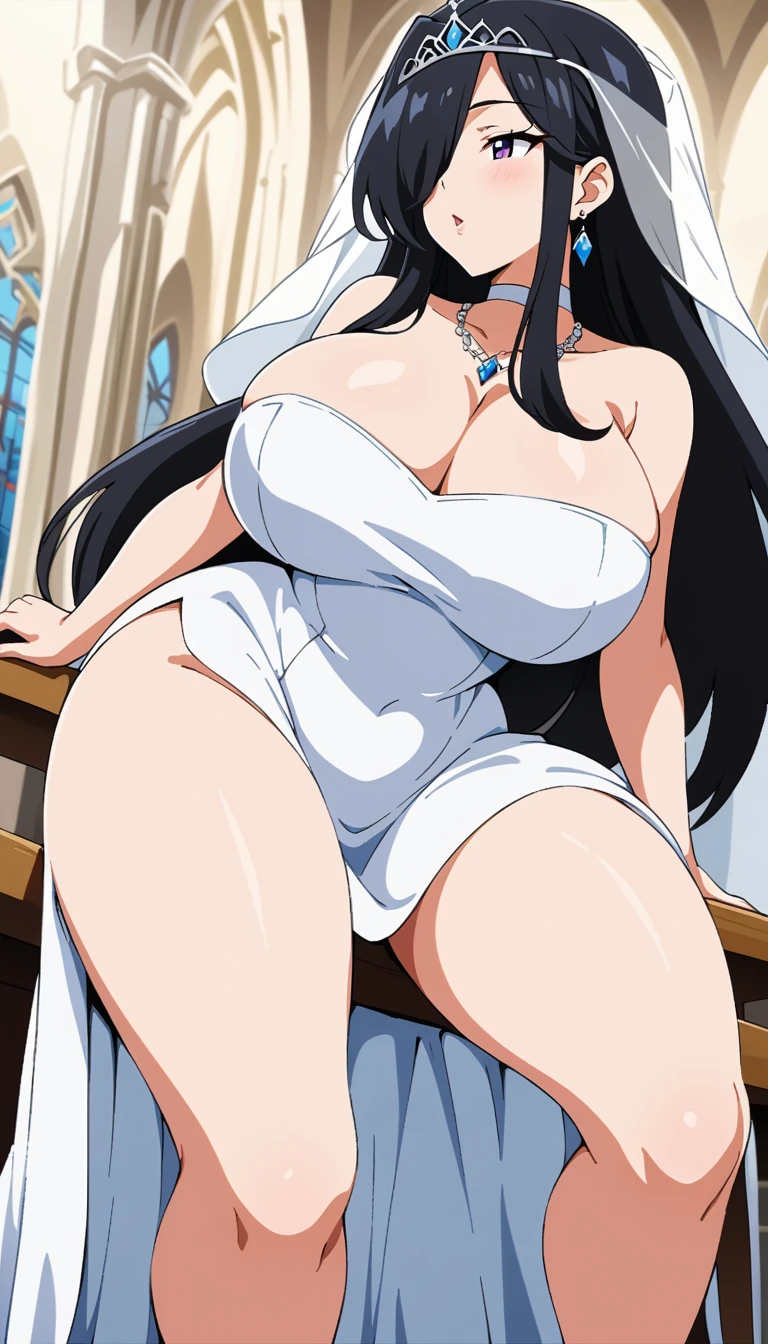 Off-the-shoulder white wedding dress, Snow White Veil, choker, silver tiara, necklace, earrings, church background, kanu unchou, anime cels style, best quality, high resolution, 1girl, (huge breasts:1.2), beautiful face, black hair, long hair, ((hair over one eye)), closed eye, puckered up lips, want to kiss,thick legs。bare legs,narrow waist