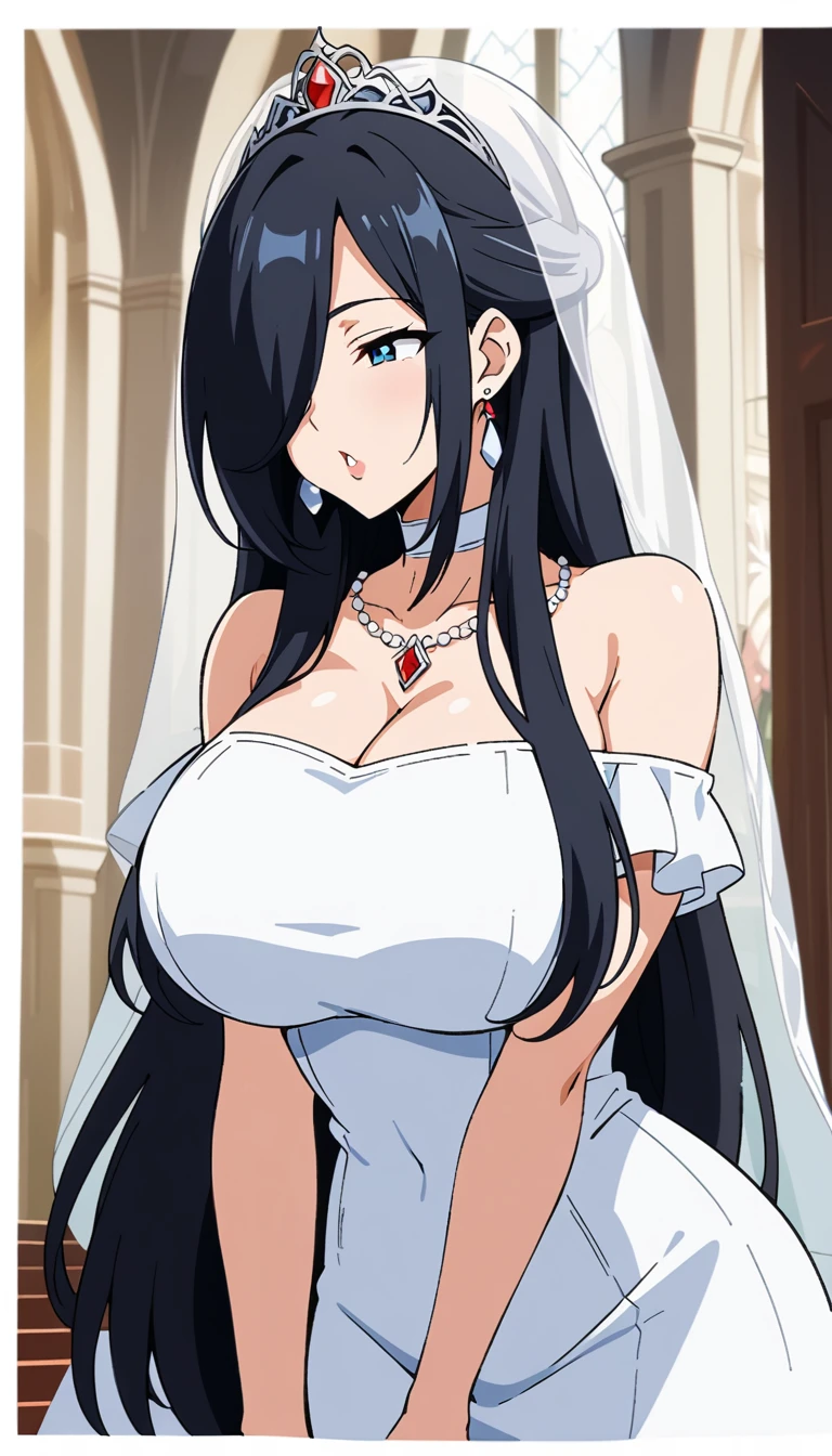 Off-the-shoulder white wedding dress, Snow White Veil, choker, silver tiara, necklace, earrings, church background, kanu unchou, anime cels style, best quality, high resolution, 1girl, (huge breasts:1.2), beautiful face, black hair, long hair, ((hair over one eye)), closed eye, puckered up lips, want to kiss，thick legs。bare legs，narrow waist