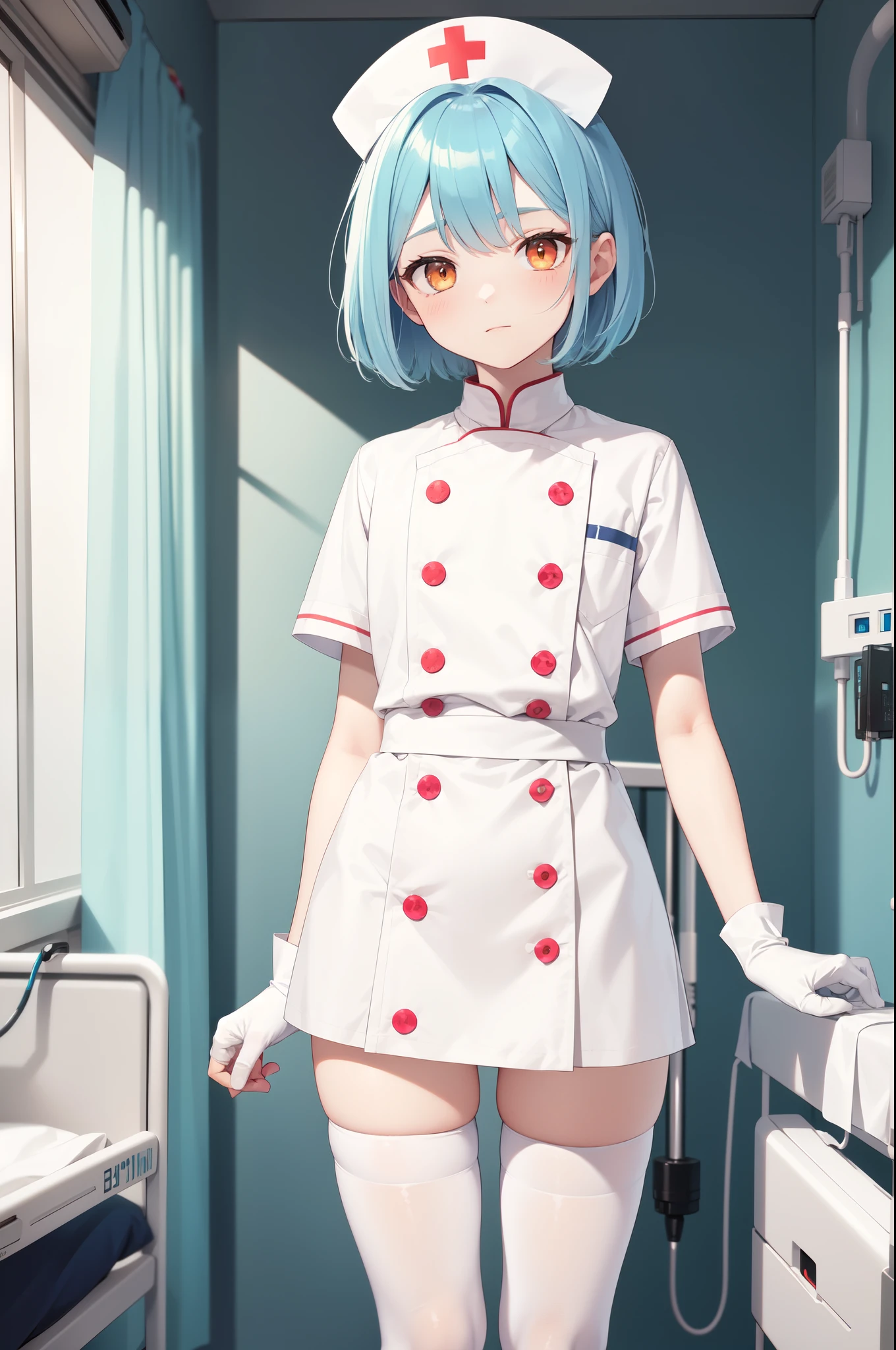 1boy, solo, male focus, nurse, white nurse cap, white nurse uniform, ((white legwear, zettai ryouiki)), white gloves, bobcut, blue hair, orange eyes, no impression, standing, ((hospital room)), sharp outline, short sleeves, shota, , best quality, masterpiece