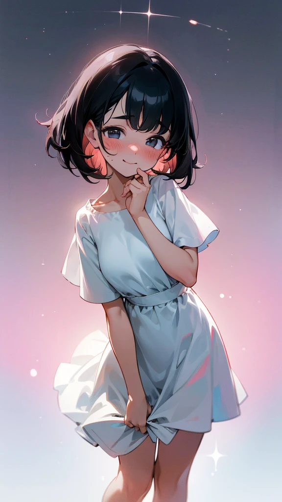 Blushing cheeks, pitiful face, short black hair, wearing a white dress, standing, beautiful, smiling faintly, ultra HD, ultra Details, HD, 4K.,