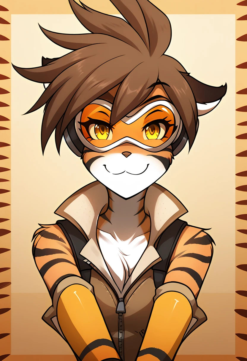 score_9, score_8_up, score_7_up, score_6_up, score_5_up, score_4_up, rating_explicit, source_furry, female, cute anthro female, cute face, detailed background, looking at viewer, solo, solo focus, (digital pen line-art, soft lines, soft shading, pinup, cartoon, anime:1.24), (tkflora, tiger, striped fur, keidran, yellow eyes, anthro:1.2), (tracer \(Overwatch):1.2), jumpsuit, smile, smug,