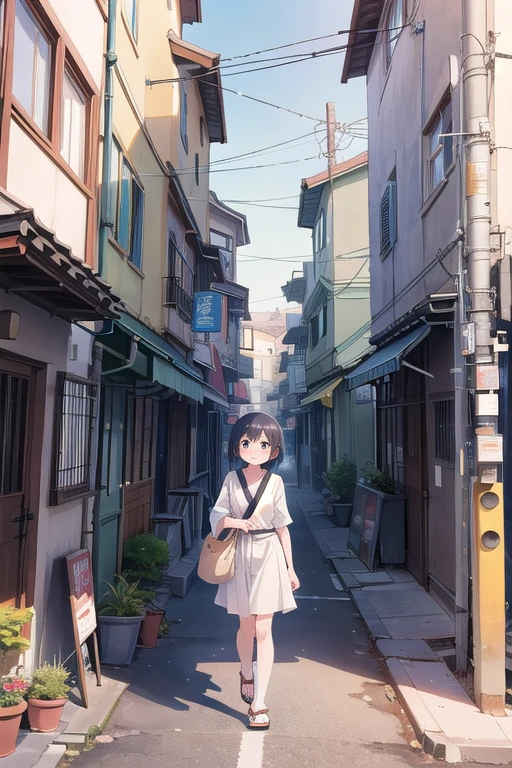 best quality,(masterpiece:1,2),highres,original,perfect lighting,extremely detailed wallpaper,(extremely detailed CG:1.2),Japanese manga style,Studio Ghibli,Hayao Miyazaki style,high saturation,rich details,A girl carrying a bag walking down the street,