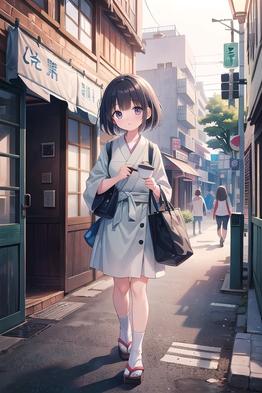 best quality,(masterpiece:1,2),highres,original,perfect lighting,extremely detailed wallpaper,(extremely detailed CG:1.2),Japanese manga style,Studio Ghibli,Hayao Miyazaki style,high saturation,rich details,A girl carrying a bag walking down the street,