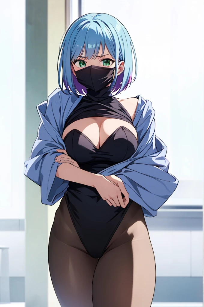 Anime, anime girl, aqua blue hair, short hair, bangs, green eyes, short hair, half mask, covered mouth, black One Piece, leotard, tights, breasts, big breasts, black panties