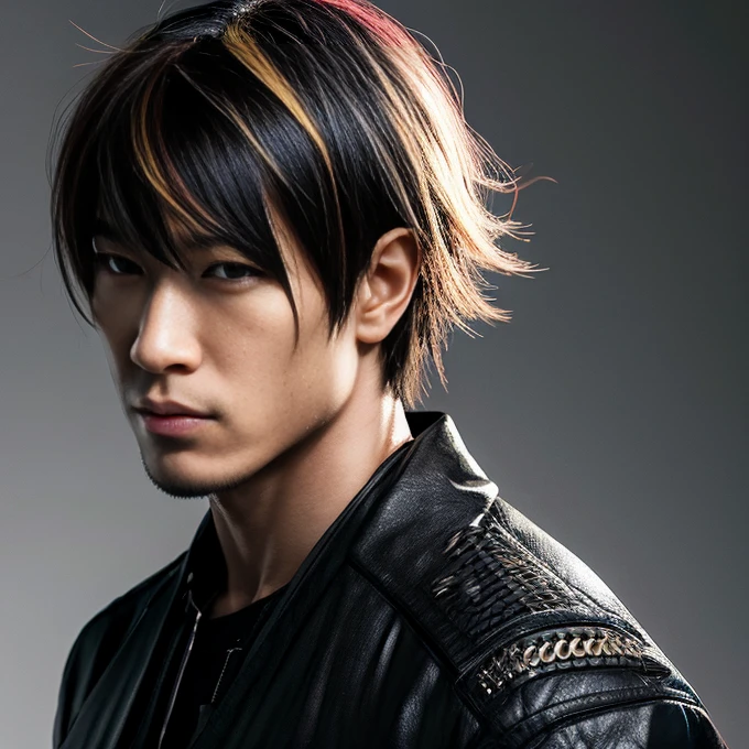 1 man, Japanese man, male, Asian eyes, muscular, broad shoulders, dragon,hairstyle Visual Kei style, hair Visual Kei, black men's shirt and black pants, ultra detailed face, hyperrealistic, realistic representation, 30 years old, ,age 30 years, Blonde hair, long hair.