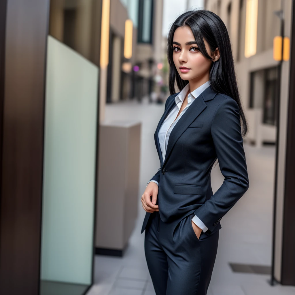 (best quality, 4K, masterpiece :1.3), Beutifull Girl, 1 woman, black hair: 1.1, Full Body ( Super detailed face, Detailed lips, delicate eyes, double eyelids, Wearing Suit