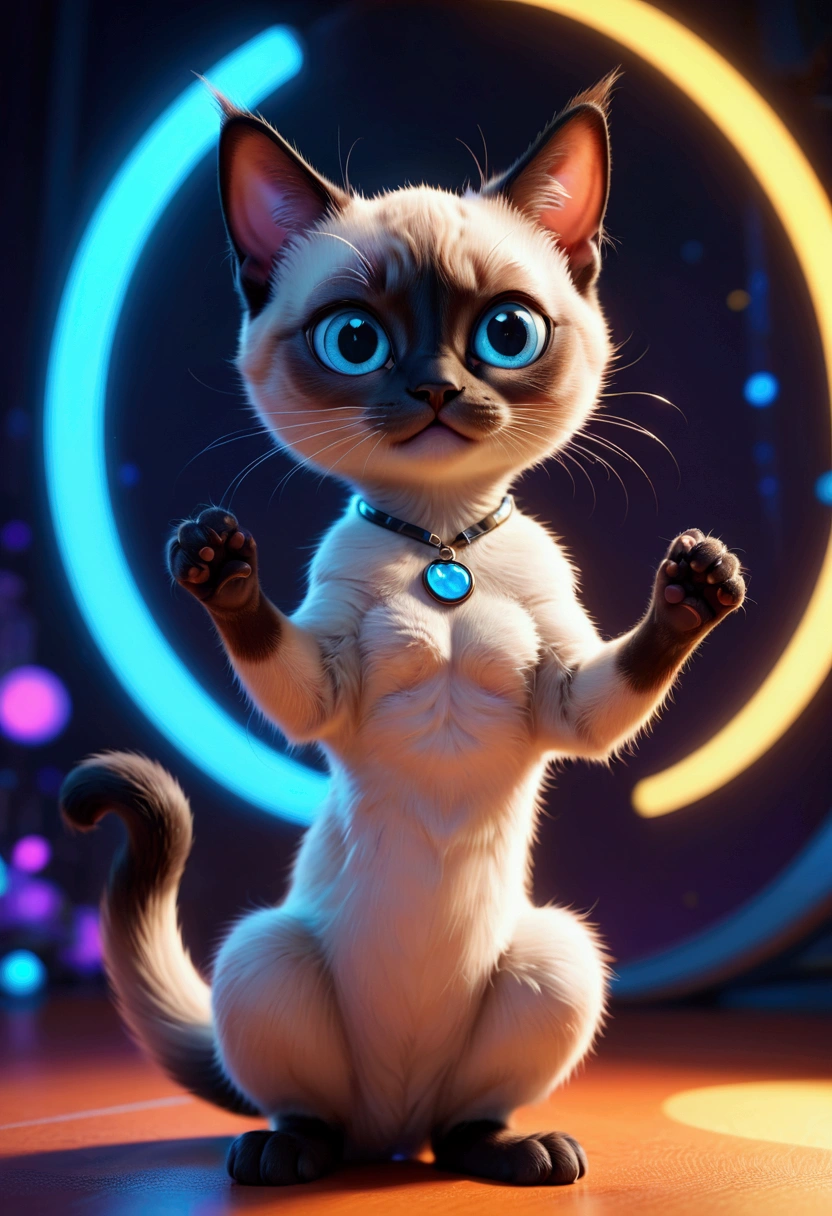 siamese cat, in t-pose, Pixar style, full body, paws up, detailed feline features, cute and adorable, dynamic pose, colorful 3D render, vibrant lighting, studio lighting, ultra-detailed, (4k,8k,highres:1.2), ultra-detailed, masterpiece, best quality, very aesthetic, absurdres