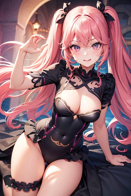 1girl, twin tails, pink wavy hair, upturned eyes, cute girl, mischievous, slightly mischievous, , small bust, tongue out, (best quality,4k,8k,highres,masterpiece:1.2),ultra-detailed,(realistic,photorealistic,photo-realistic:1.37),detailed facial features, beautiful detailed eyes, beautiful detailed lips, extremely detailed eyes and face, long eyelashes, dynamic pose, vibrant colors, soft lighting, delicate, playful, innocent