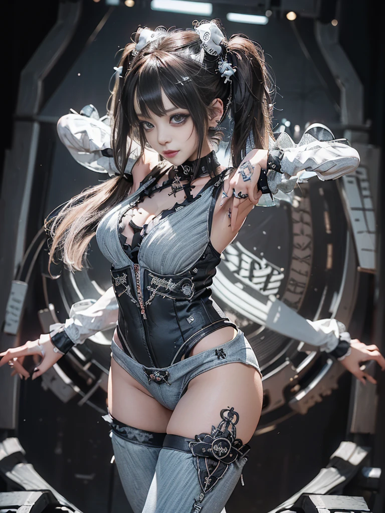(Full body view:1.4)、(Side view:1.2)、(Smiling with teeth showing:1.3),(Shibuya Gal:1.5)、(Gothic Lolita style fashion:1.5)、(Punk RockVisual Kei:1.5)、(Wearing a rhythmic gymnastics bodysuit with intricate details:1.4)、(Racing suit and pants with delicate decorations in white, denim and charcoal:1.5)、(Denim and light blue and white boots:1.3)、((belt))、(Numerous delicate logo marks all over the costume:1.4)、(collar:1.3)、(Striped underwear:1.5)、20-year-old、NSFW、((Highest quality、In 8K、masterpiece:1.3))、Sharp focus:1.2、(Layered Cut、Huge boobs:1.1),Beautiful woman with perfect figure:1.4、(Dancing vigorously:1.3)、Slender Abs:1.2、Highly detailed face and skin texture、Detailed eyes、double eyelid,(Twin tails:1.3)、(Brown Hair:1.3)、Gravure idol、(The background is the stage of the fashion show:1.3)、(Slim Body:1.3),(Make your legs thinner:1.4),(clavicle:1.1)、(Thin and slim thighs:1.3)