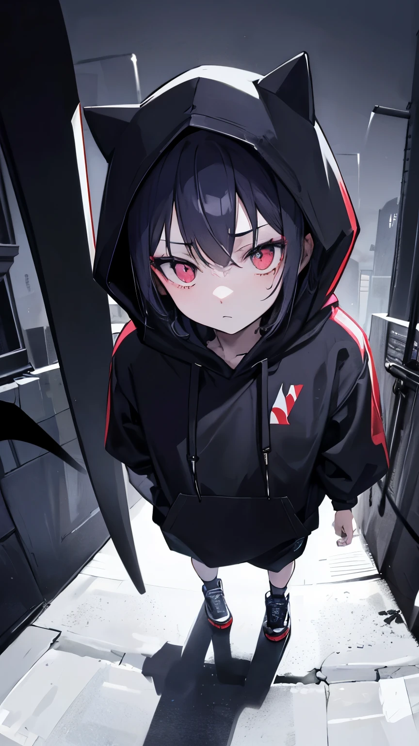 Hoodie that covers the neck、neck warmer、Looking up at a person from below、Dark Back Alley、Holding a baseball bat、pupils are constricted、Sharp Eyes、A look of contempt、Sharp Eyes、