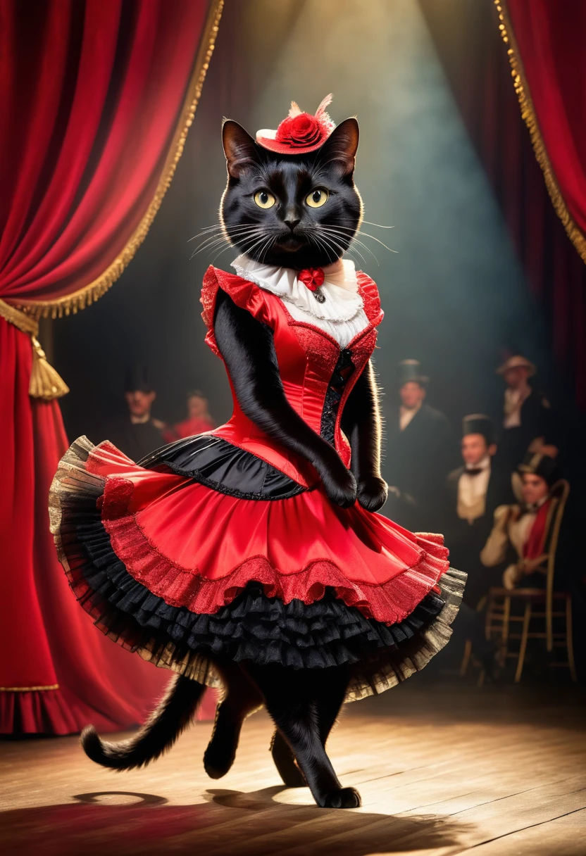 Realistic portrait of a dressed animal - beautiful anthropomorphic black cat, French cancan costume、(Action pose of dancing in a bright red dress under the spotlight on the stage of the Moulin Rouge) ,Antique photos、Nostalgia、Highly detailed decorations,, (Melancholy), Glamorous stage、Dramatic(Full body image:1.5)