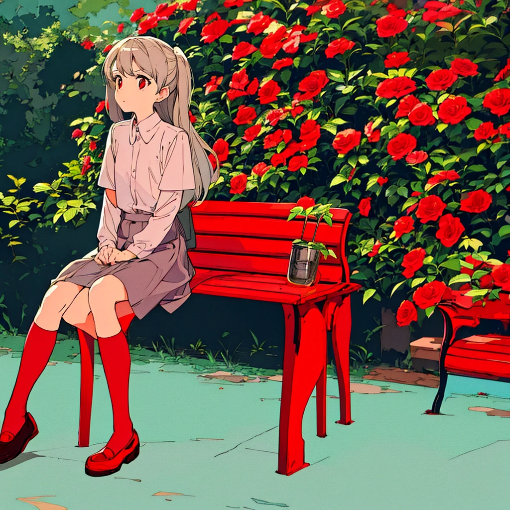 Light gray background Red flower Girl sitting on a bench simple