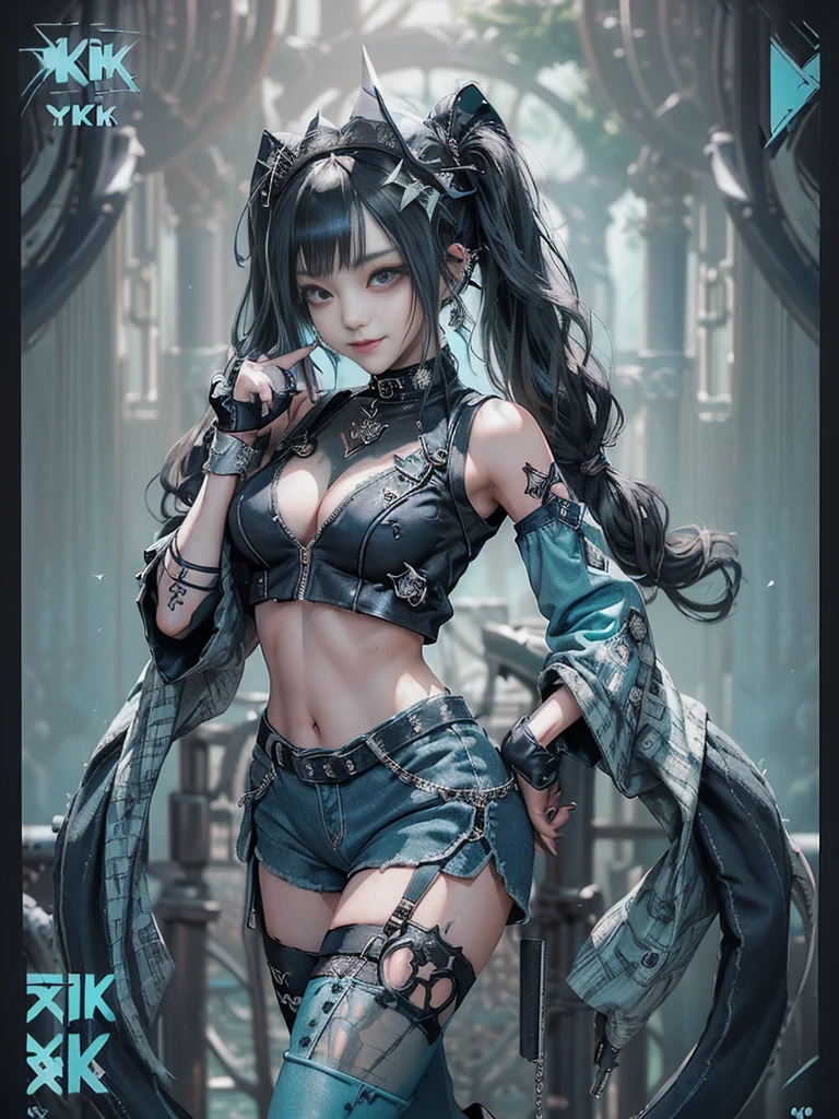 (Full body view:1.2)、(Full Body View:1.4)、(Side view:1.1)、(Smiling with teeth showing:1.3),(Shibuya Gal:1.5)、(Maid café clerk:1.5)、(Punk RockVisual Kei:1.4)、(Turquoise, navy and denim medieval noble zip up:1.5)、(Navy and white arm covers and bugle pants:1.5)、(Blue high heels:1.3)、(Wearing silver accessories:1.5)、(Dark brown collar:1.4)、(Leather garter belt:1.4)、(Brown Skin Belt:1.3)、(Black lace underwear:1.5)、20-year-old、NSFW、((Highest quality、In 8K、masterpiece:1.3))、Sharp focus:1.2、(Layered Cut、Huge boobs:1.1),Beautiful woman with perfect figure:1.4、(Doing an aerobics pose:1.3)、Slender Abs:1.2、Highly detailed face and skin texture、Detailed eyes、double eyelid,(Twin tails:1.3)、(Black Hair:1.3)、Gravure idol、(A fairytale-like cafe with a lush tree background:1.3)、(Slim body:1.3),(Make your legs thinner:1.4),(Thin, thin thighs:1.3)、(clavicle:1.1)