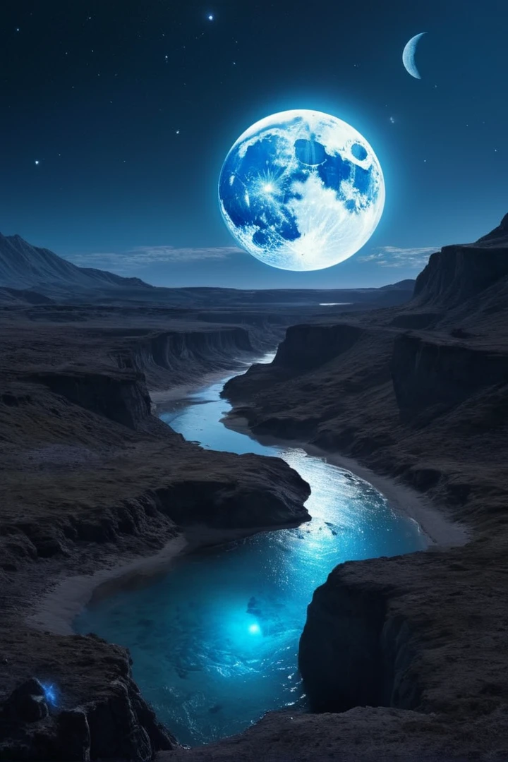 Super ultra Quality,Greatest detail,Masterpiece,ultra high resolution,ultra realistic 8k cg,Ultra Masterpiece,high end resolution,Imagenarium,amazing,dreamlike art,A lanscape surround blue cosmos resonate the moon, a fantasy world with a wide stunning views,professional art,