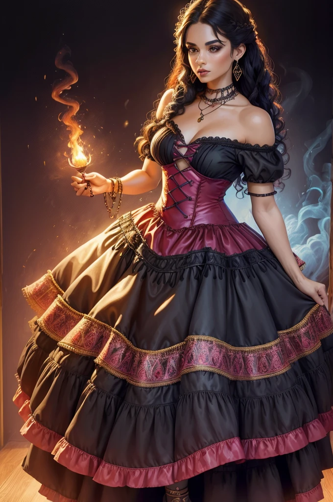 (MESTRA CIGANA SULAMITA) super-realista, Standing showing all her realistic 8K red/yellon lace dress floating in space , cabelos negros, pele, dourada, corpo full body perfect , Detailed Hands with Ruby Ring, 40 anos, Mystery front image ::8, (((saia longa de cigana rodada detalhes rendados de cor vermelha e amarela ))), Intricate yellon Makeup Patterns ::7, body ::6, Aura Encantada, magia brilhante ::5, On your card table, Bubbling Potion ::4, Magic ingredients, spellbooks ::3, gesto de spellcasting ::2, mistic ambient, supernatural presence ::1. Smoke and atmosphere: , poderes naturais, como frutos, folhas, cristais, She has long, dark curly hair with million rose red and yellon tucked into it. Her makeup emphasizes her eyes, and she's wearing large, dangling earrings and multiple necklaces with colorful beads and pendants. The woman's clothing includes vibrant fabrics with patterns. The overall aesthetic is very bohemian and romantic, evoking a free-spirited, nomadic culture. The lighting in the image is warm, giving it a rich, rendas golden glow that enhances the romantic atmosphere.16K.