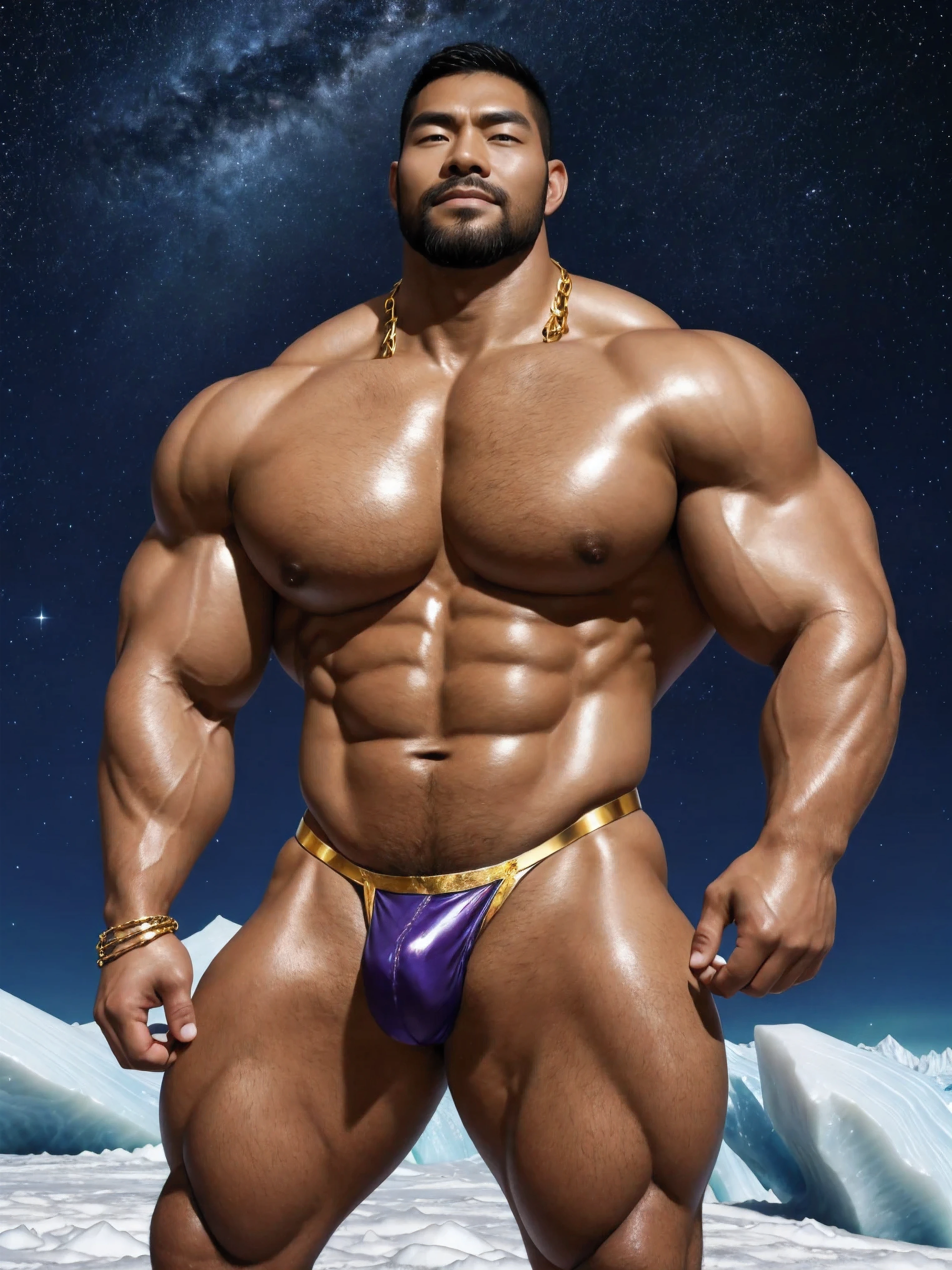 There is only one handsome Chinese man in the photo，35 years old，tall, Fitness，Smooth body，Smooth skin，No chest hair，short hair, O-Shaped Beard，Perfect body, Dark skin color，Radiant Skin，Smooth skin，Shiny, shiny skin，Smooth pectoral muscles，Muscle bulge, muscular, Very large pectoral muscles，Very sexy abdominal muscles，Very well-developed leg muscles，Huge concave and convex area，Brightens oily skin，Wearing a shiny gold leather thong，Handsome face，Normal human toes，Correct and accurate male body proportions，Gold Collar，Gold bracelet，Gold anklets，Stand on a glacier，Night sky，A sky full of stars，There are auroras，Colorful，Charming dream scene，Epic。
