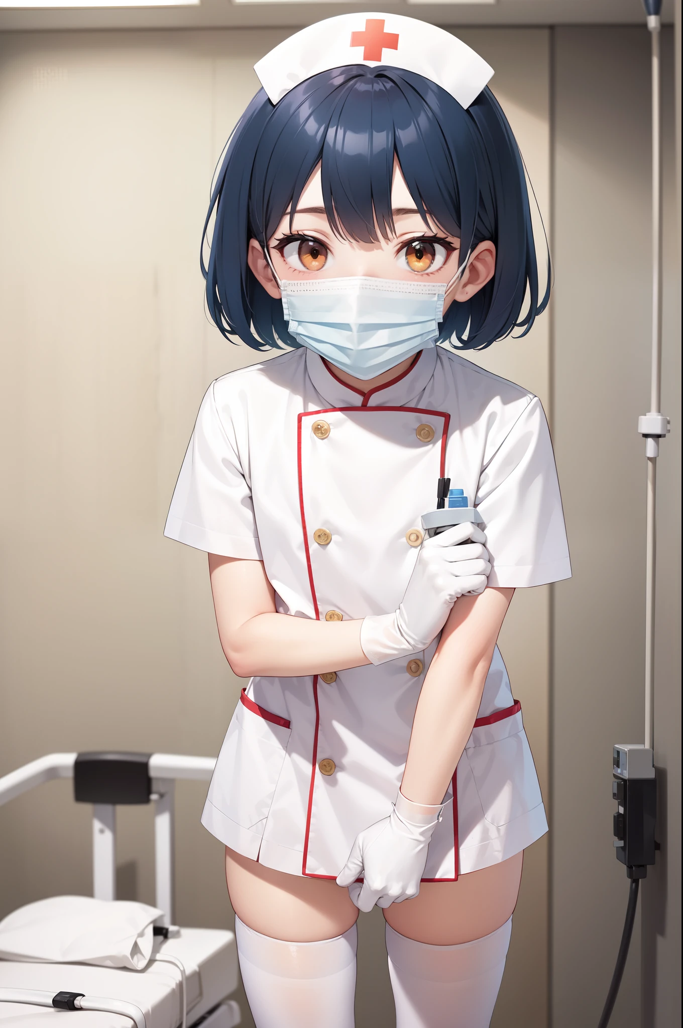 1boy, solo, male focus, nurse, white nurse cap, white nurse uniform, ((white legwear, zettai ryouiki)), white gloves, bobcut, blue hair, orange eyes, ((white surgical mask, covered nose)), standing, ((hospital room)), sharp outline, short sleeves, shota, , best quality, masterpiece