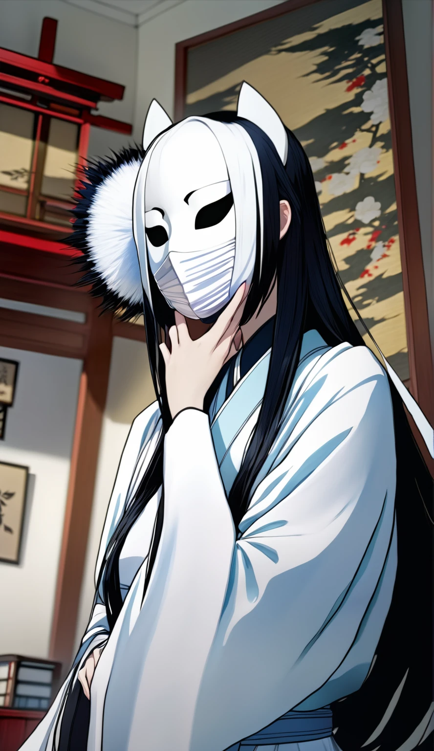 anime character with white mask and black hair in the room, Yuki-onna&#39;s piercing gaze, With a kitsune mask, wearing a kitsune mask, anime white fox, Kaguya Otsuzuki, Itachi Uchiha, manga style bleach, Akiyuki Shinbo, villain in a red mask they, Shinigami