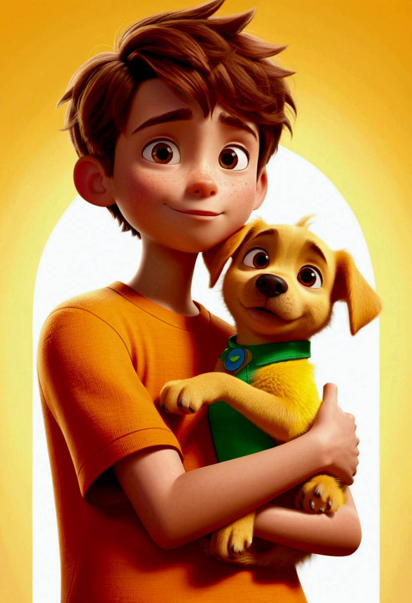 16k asymmetrical boy, disney pixar style, 3d, animated cartoon, fluffly, shiny colors, short light brown hair, skin fair, short sleeve orange shirt, details Intricate, hugging your yellow puppy, dog with all yellow fur, glad