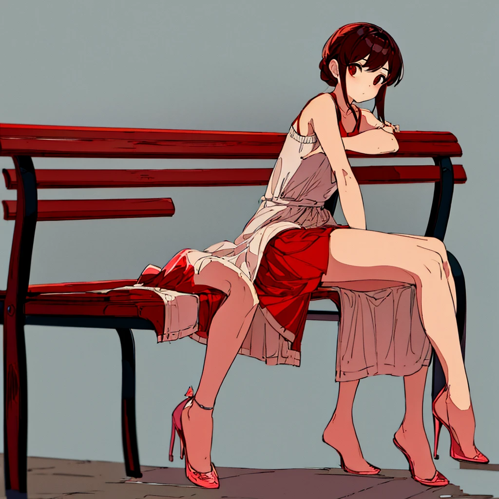 Light gray background Red flower Girl sitting on a bench simple