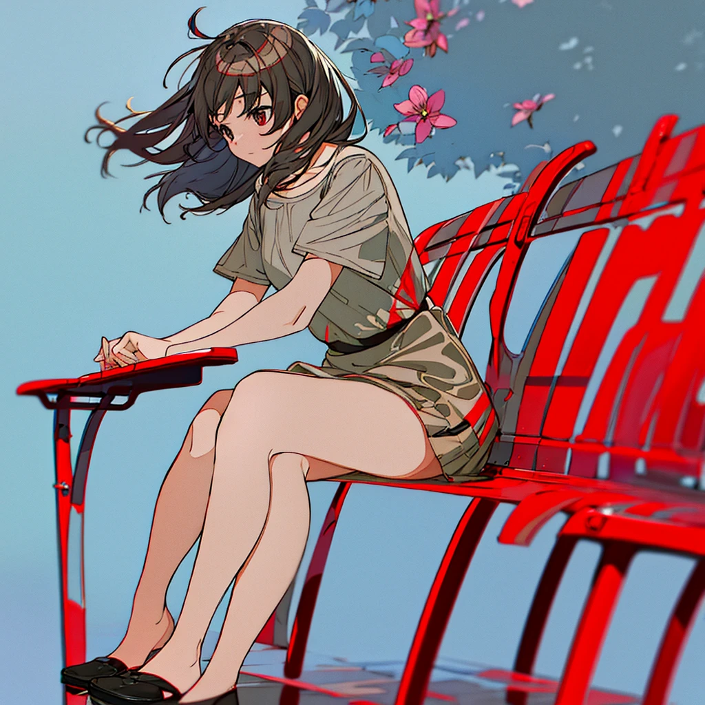 Light gray background Red flower Girl sitting on a bench simple