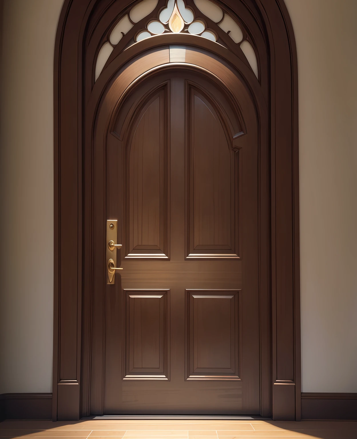 a dark wooden double door with ornate frames, bronze doorknobs, stained glass windows