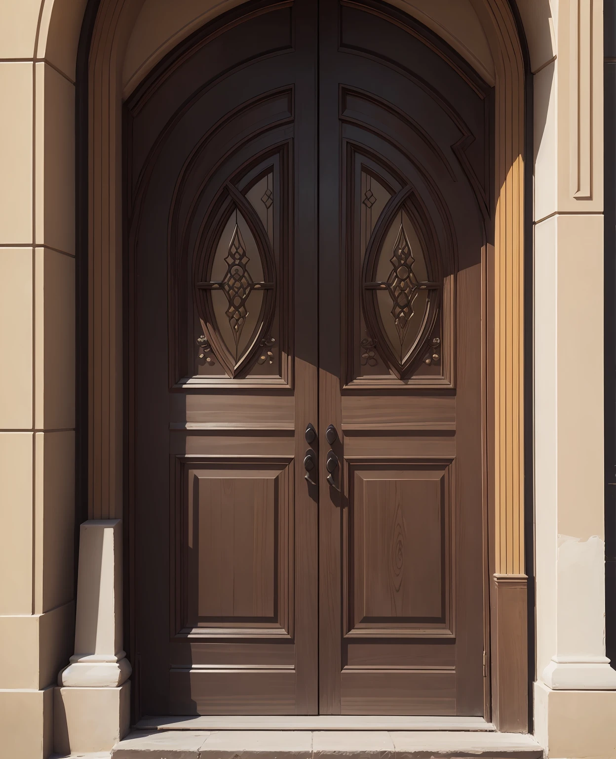 a dark wooden double door with ornate frames, bronze doorknobs, stained glass windows