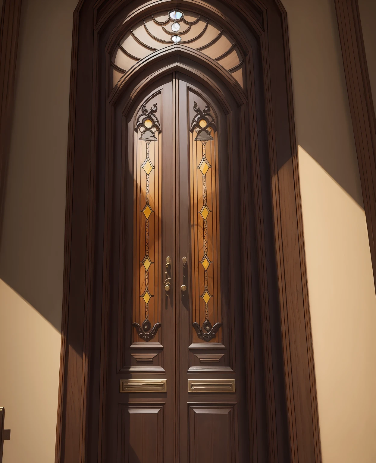 a dark wooden double door with ornate frames, bronze doorknobs, stained glass windows
