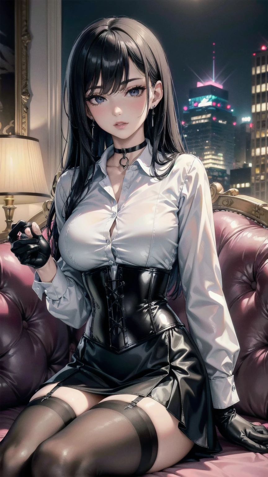  masterpiece, Superior image quality, High resolution, 4k image,photo and gross, photorealistic, whole body, 1 young teen girl, sitting, {{{vagina}}}, beautiful face, long black hair, black eyes, very detailed eyes, pink cheeks, serious expression, choker:1.6, (white collar button down long sleeve shirt), black gloves, gloves that cover hands, holds a glass of wine, (black leather corset), (shiny black miniskirt), Sensual Lips, show details in the eyes, View from the front, looking at the viewer, sitting en una silla elegante, Elegant living room, at night