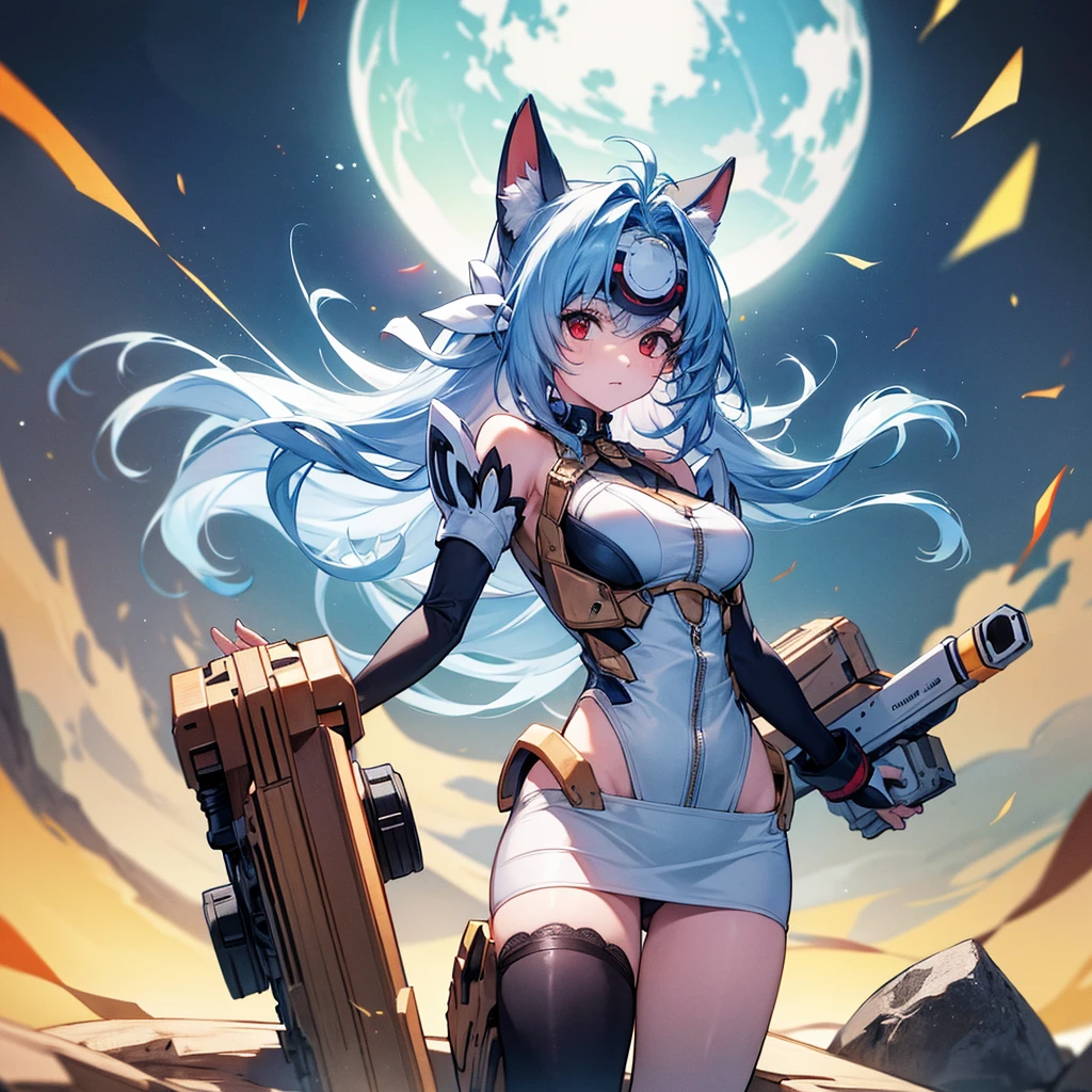 a sexy fox girl with long red hair and long legs, Bauch frei, Minirock, Stiefel, blaues Outfit, romantisches Licht, Science-Fiction-Hintergrund, nackt, Haut, Pretty, complete, Verlegung, Feet