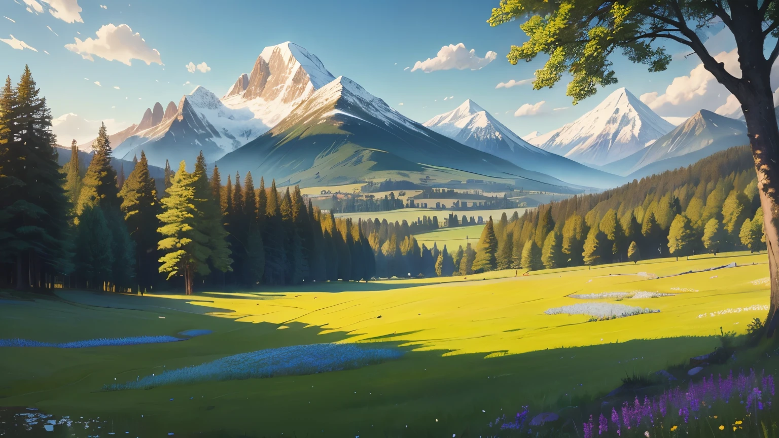 A picturesque and tranquil meadow depicted in an oil painting style. The lush green meadow is filled with vibrant wildflowers of various colors, creating a serene and captivating presence. In the distance, a clear blue sky with soft, fluffy clouds is visible. Majestic mountains rise in the background, partially covered with snow. A gentle stream winds through the meadow, reflecting the sunlight. Tall trees border the meadow, their leaves rustling softly in the breeze. The image should be highly detailed, 8k resolution, and capture the essence of a masterpiece, set in a peaceful and idyllic landscape.