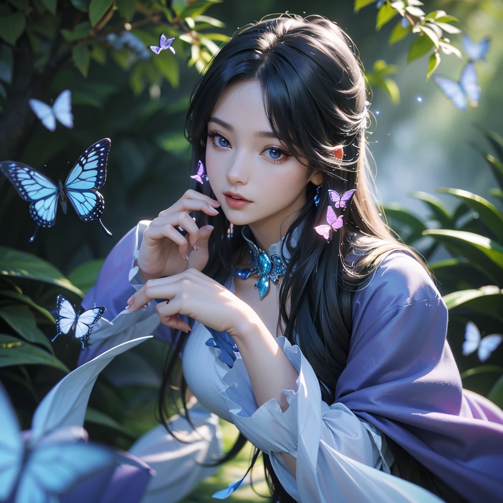 a beautiful fantasy woman in a magical forest, butterflies with purple and blue wings, glowing fireflies, detailed facial features, long flowing hair, elegant dress, intricate nature details, cinematic lighting, vibrant colors, photorealistic, 8k, (best quality,4k,8k,highres,masterpiece:1.2),ultra-detailed,(realistic,photorealistic,photo-realistic:1.37),digital art, concept art style