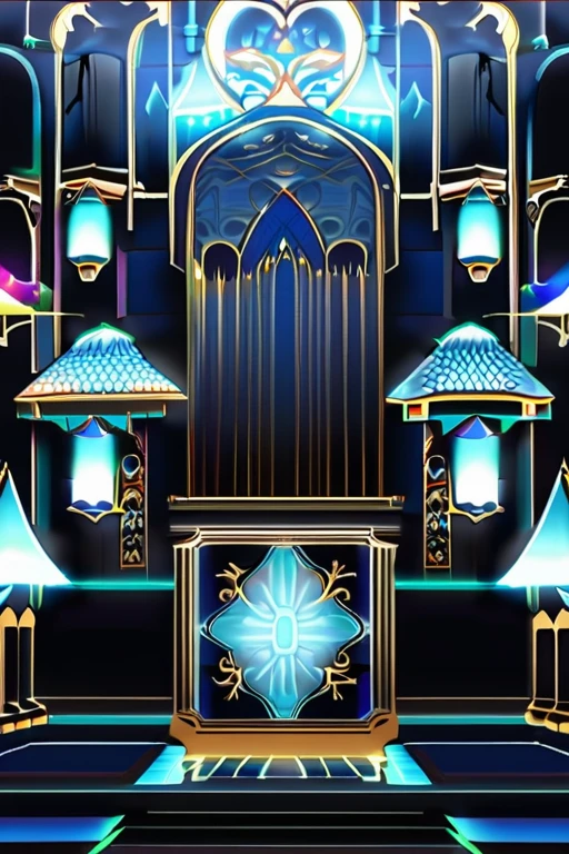 **Residence Setting**: The residence stands as an isolated structure in a vast ocean, connected to four grand highways. The immediate surroundings are tranquil and beautiful, contrasting with the harsh, stormy weather that intensifies further out.

**Architecture**:
- **Materials**: Constructed from dark, reflective stone with golden accents.
- **Design**: Tall spires and towers with a futuristic, clean aesthetic. High-tech integration ensures everything looks pristine and advanced.
- **Highways**: Four wide highways, made of the same dark stone, lined with golden railings and luminescent lanterns.

**Windows and Lighting**:
- **Stained Glass**: Depicting cosmic events, casting colorful light.
- **Natural Light**: Streams through stained glass, creating vibrant effects.

**Entrances**:
- **Main Entrance**: Massive double doors with intricate golden filigree.
- **Secondary Entrances**: Smaller, maintaining the main entrance's aesthetic.

**Details**:
- **Carvings and Inlays**: Exterior walls adorned with celestial scenes and arcane symbols.
- **Water Interaction**: Base of the residence meets the ocean seamlessly, creating the illusion of floating.

**Surroundings**:
- **Ocean**: Clear blue, gentle waves.
- **Sky**: Typically brilliant blue with occasional clouds.
- **Night Lighting**: Luminescent lanterns create a soft, enchanting glow.

**Interior**:
- **Flooring**: Polished, high-tech tiles with an iridescent shimmer.
- **Walls**: Sleek, seamless dark stone with ambient lighting systems.
- **Technology Integration**: Holographic displays, automated systems, and advanced communication devices.

**Throne Room**:
- **Atmosphere**: Isolation and cold detachment.
- **Layout**: Cavernous, high vaulted ceilings.
- **Throne**: Black stone and golden metal, cosmic designs, elevated dais.

**Lighting**:
- **Chandeliers**: Grand, dark iron with luminescent crystals.
- **Candelabras**: Golden, with cold blue flames.

**Decor**:
- **Flooring**: Polished black marble with gold 