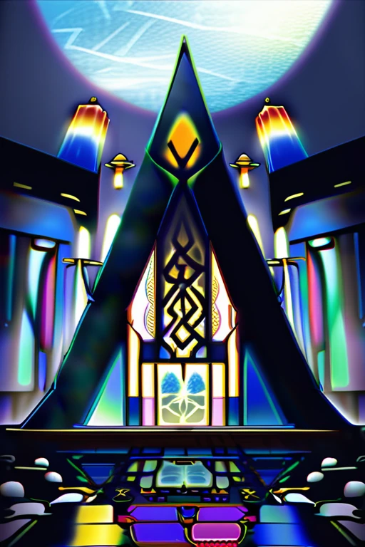 **Residence Setting**: The residence stands as an isolated structure in a vast ocean, connected to four grand highways. The immediate surroundings are tranquil and beautiful, contrasting with the harsh, stormy weather that intensifies further out.
**Architecture**:
- **Materials**: Constructed from dark, reflective stone with golden accents.
- **Design**: Tall spires and towers with a futuristic, clean aesthetic. High-tech integration ensures everything looks pristine and advanced.
- **Highways**: Four wide highways, made of the same dark stone, lined with golden railings and luminescent lanterns.
**Windows and Lighting**:
- **Stained Glass**: Depicting cosmic events, casting colorful light.
- **Natural Light**: Streams through stained glass, creating vibrant effects.
**Entrances**:
- **Main Entrance**: Massive double doors with intricate golden filigree.
- **Secondary Entrances**: Smaller, maintaining the main entrance's aesthetic.
**Details**:
- **Carvings and Inlays**: Exterior walls adorned with celestial scenes and arcane symbols.
- **Water Interaction**: Base of the residence meets the ocean seamlessly, creating the illusion of floating.
**Surroundings**:
- **Ocean**: Clear blue, gentle waves.
- **Sky**: Typically brilliant blue with occasional clouds.
- **Night Lighting**: Luminescent lanterns create a soft, enchanting glow.
**Interior**:
- **Flooring**: Polished, high-tech tiles with an iridescent shimmer.
- **Walls**: Sleek, seamless dark stone with ambient lighting systems.
- **Technology Integration**: Holographic displays, automated systems, and advanced communication devices.
**Throne Room**:
- **Atmosphere**: Isolation and cold detachment.
- **Layout**: Cavernous, high vaulted ceilings.
- **Throne**: Black stone and golden metal, cosmic designs, elevated dais.
**Lighting**:
- **Chandeliers**: Grand, dark iron with luminescent crystals.
- **Candelabras**: Golden, with cold blue flames.
**Decor**:
- **Flooring**: Polished black marble with gold