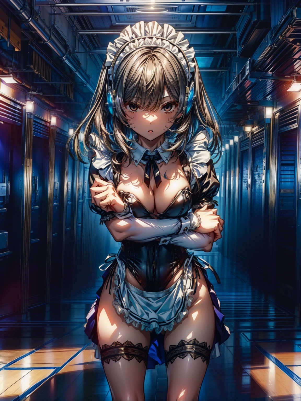 (Perfect Anatomy:1.2, Highest quality),(Maid leotard details:2.0),One Girl,alone,Long Hair:1.5, (Short sleeve, Thighs,Maid Cufflinks),,Hypno Lola, Hollow Eyes,(High heel lace-up boots:1.4), (Without skirt:3.0),Dark aura,Leotrad,,love for viewers,Look down,(at a research facility:1.8),(Fighting Pose:1.4),