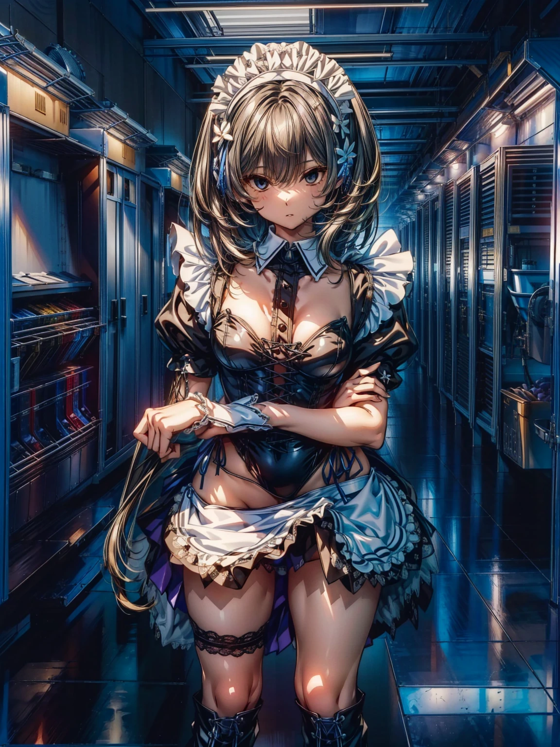 (Perfect Anatomy:1.2, Highest quality),(Maid leotard details:2.0),One Girl,alone,Long Hair:1.5, (Short sleeve, Thighs,Maid Cufflinks),,Hypno Lola, Hollow Eyes,(High heel lace-up boots:1.4), (Without skirt:3.0),Dark aura,Leotrad,,love for viewers,Look down,(at a research facility:1.8),(Fighting Pose:1.4),