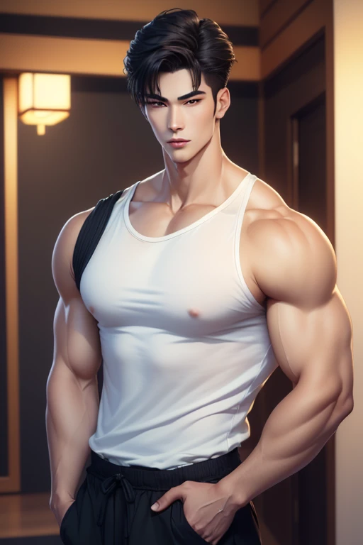 Close-up handsome very Japanese younger males,muscle,super and highly detailes,very 8k((absurdres, highres, ultra detailed)handsome, tall muscular Anime young man Japanese man full body figure kinda brawny muscular with black hair studious student likewithout glases in a tight form fittingwhite shirt looking at the camera anime semi realiatic with different strking handsome features looks appearances that are moulded sculpted sculptured chiseled sharp angled angular broad high cheekbones full square jawed almond shaped eyes light hazel amber or honey colors monolidded eyes barely shoulder length wavy hair dark in a very Japanese Tokyo home almost male model like