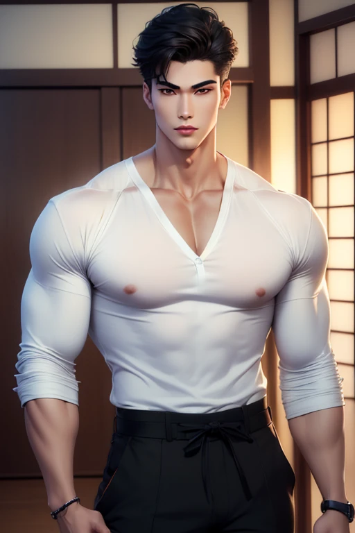 Close-up handsome very Japanese younger males,muscle,super and highly detailes,very 8k((absurdres, highres, ultra detailed)handsome, tall muscular Anime young man Japanese man full body figure kinda brawny muscular with black hair studious student likewithout glases in a tight form fittingwhite shirt looking at the camera anime semi realiatic with different strking handsome features looks appearances that are moulded sculpted sculptured chiseled sharp angled angular broad high cheekbones full square jawed almond shaped eyes light hazel amber or honey colors monolidded eyes barely shoulder length wavy hair dark in a very Japanese Tokyo home almost male model like