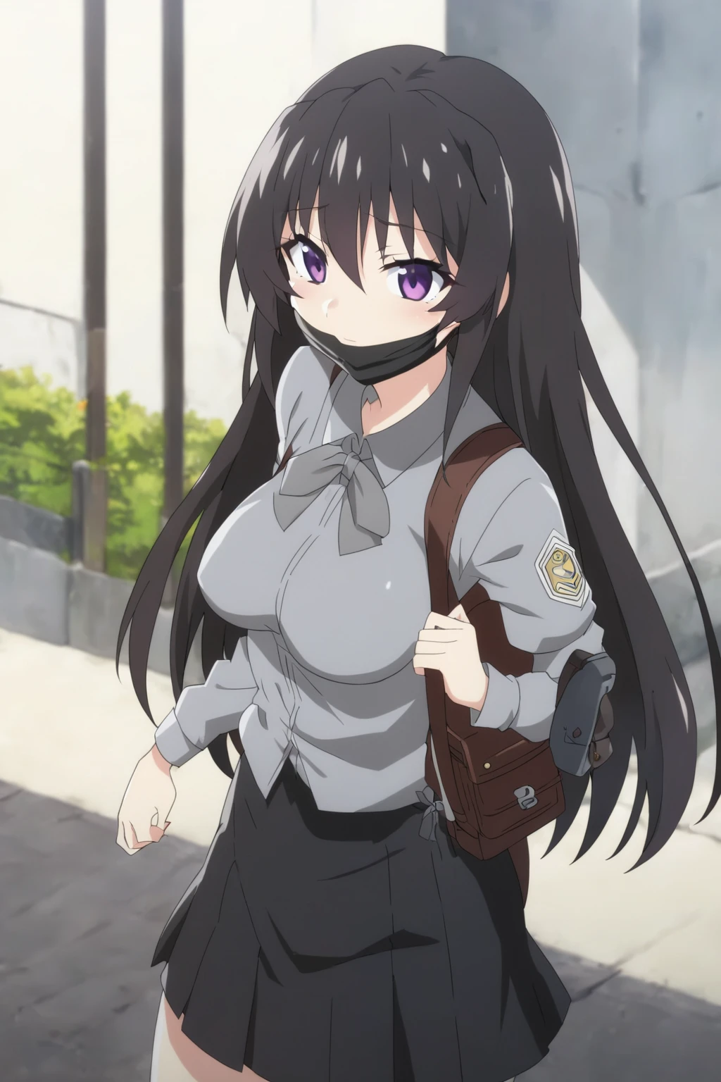 anime girl with a backpack and a mask on her face, purple eyes, anime moe artstyle, cute anime waifu in a nice dress, anime visual of a cute girl, beautiful anime high school girl, gray shirt, short skirt, anime girl with long hair, long straight hair, high quality anime artstyle, from girls frontline, anime style 4k, mature anime girl, anime girl wearing a black dress, kantai collection style,black shiny hair, normal breast