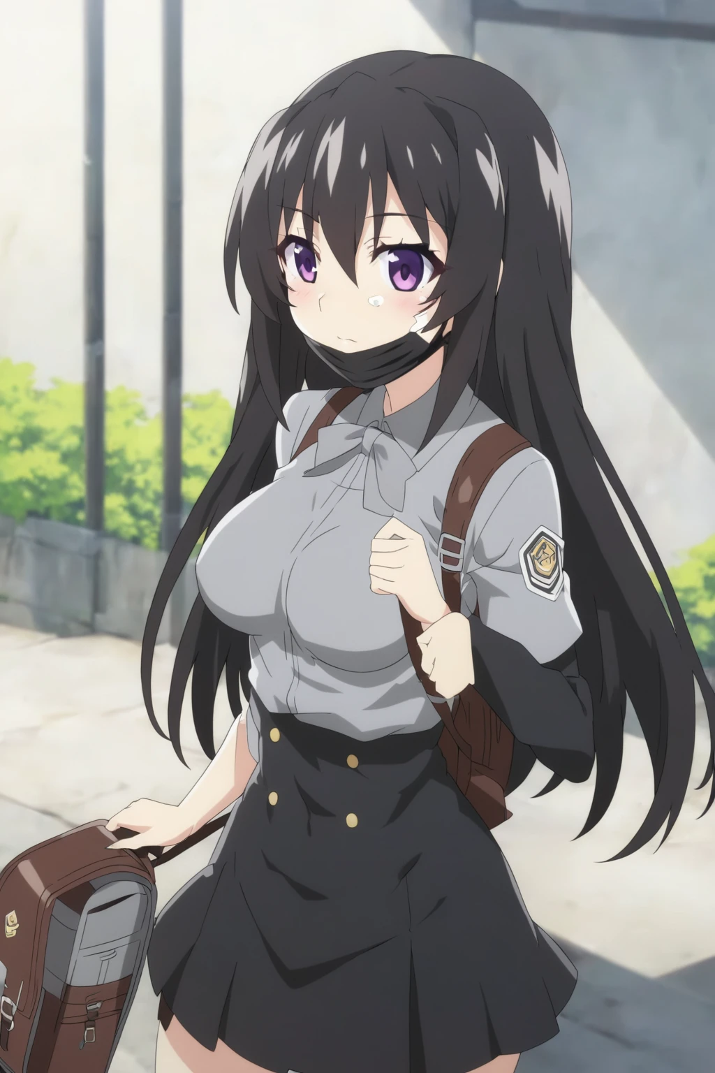 anime girl with a backpack and a mask on her face, purple eyes, anime moe artstyle, cute anime waifu in a nice dress, anime visual of a cute girl, beautiful anime high school girl, gray shirt, short skirt, anime girl with long hair, long straight hair, high quality anime artstyle, from girls frontline, anime style 4k, mature anime girl, anime girl wearing a black dress, kantai collection style,black shiny hair, normal breast