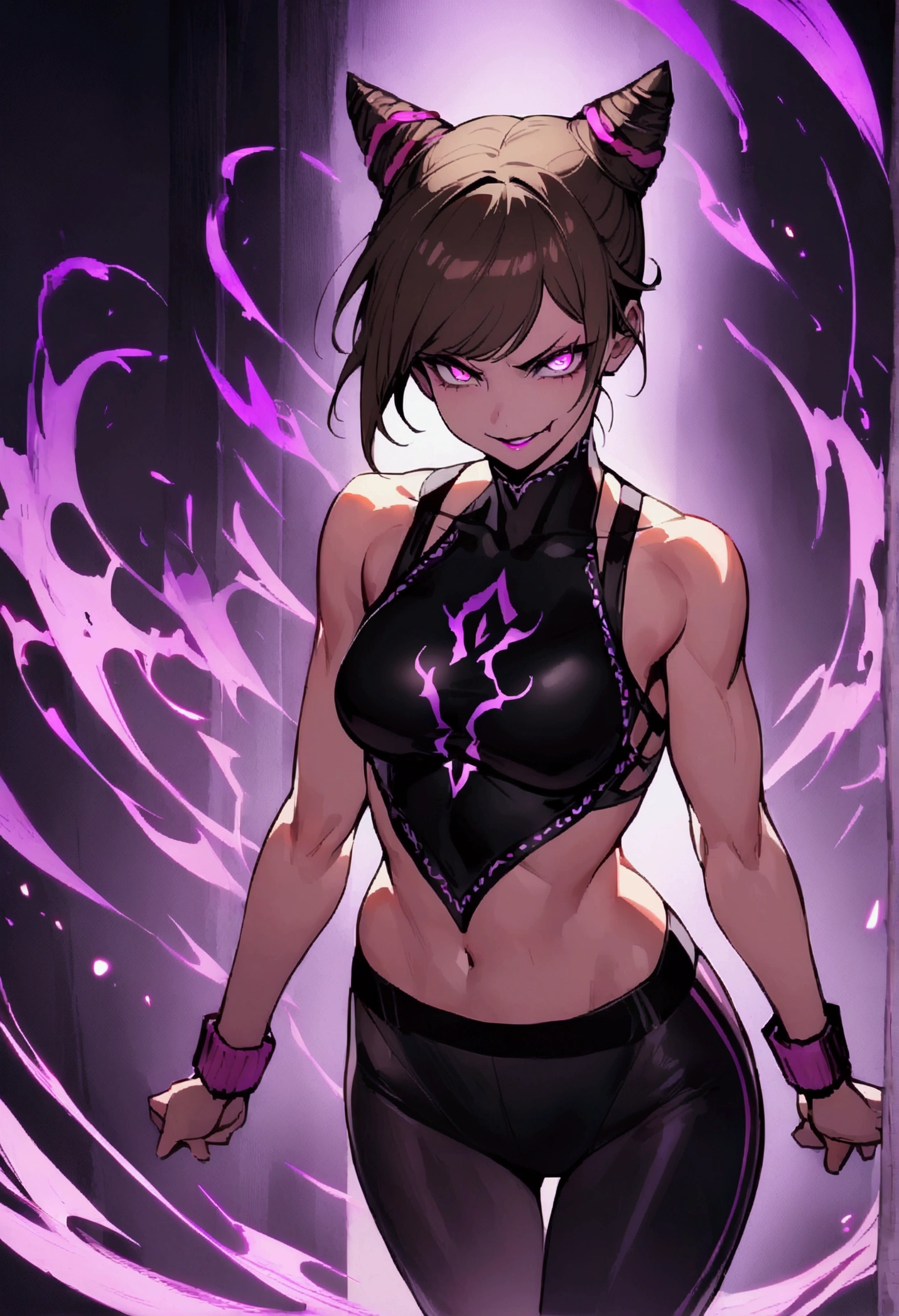 beautiful young fitness woman with , in a gym wearing May with black pantyhose, short haired brunette tomboy. standing alone,hair horns,glowing purple eyes,Evil smile