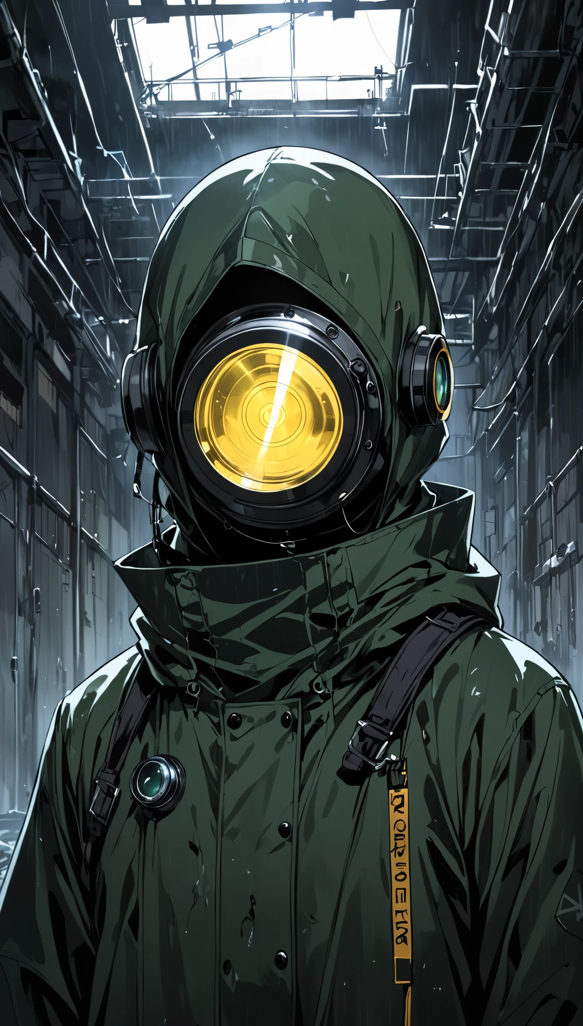 in style of Ashley Wood,1girl,raincoat,Nuclear mark,Transformation Girl,The face is a breathing mask,(The eye is a wearable cyclops lens:1.8),The lens surface lights up,怪异的Transformation Girl。。Abandoned nuclear facility background。。