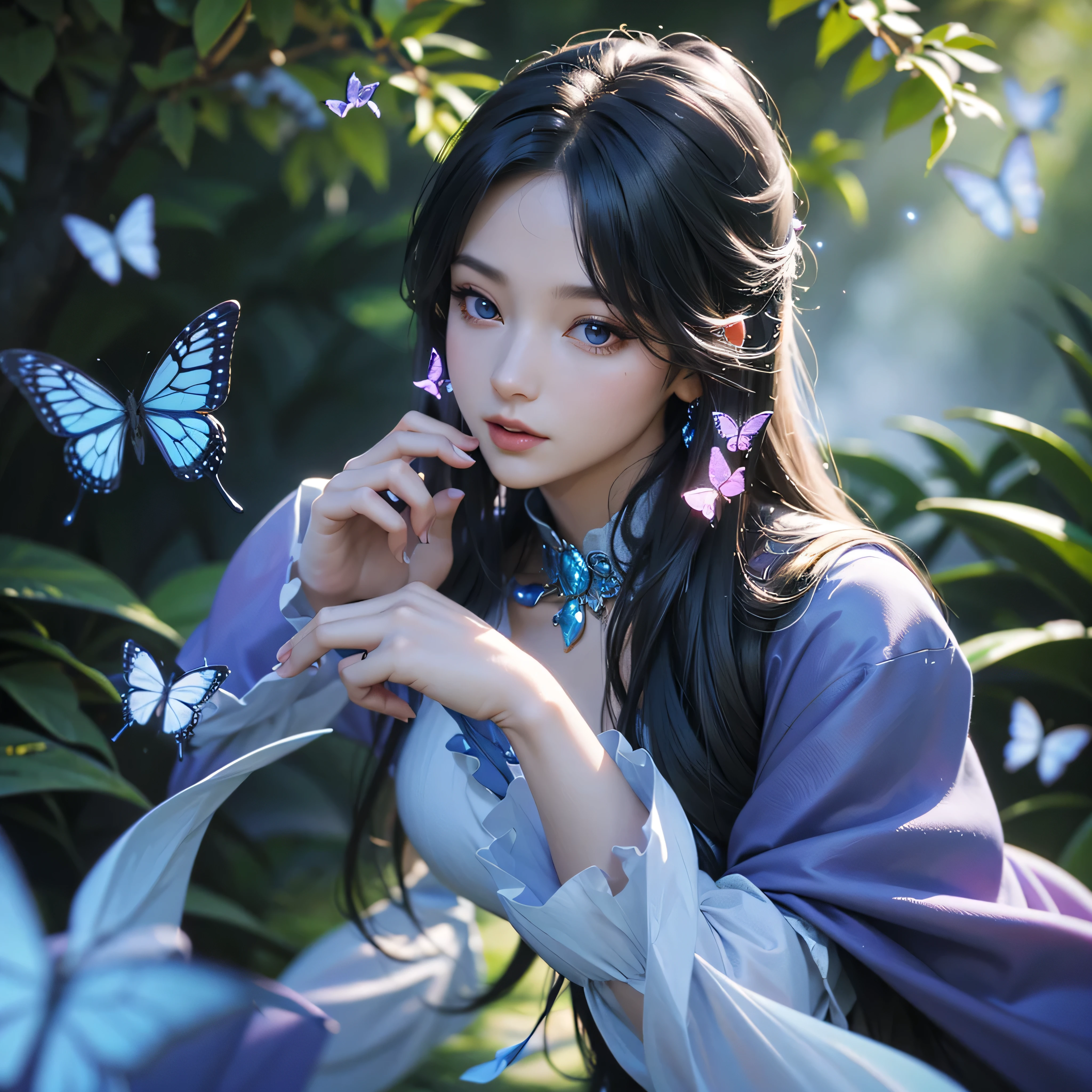 a beautiful fantasy woman in a magical forest, butterflies with purple and blue wings, glowing fireflies, detailed facial features, long flowing hair, elegant dress, intricate nature details, cinematic lighting, vibrant colors, photorealistic, 8k, (best quality,4k,8k,highres,masterpiece:1.2),ultra-detailed,(realistic,photorealistic,photo-realistic:1.37),digital art, concept art style