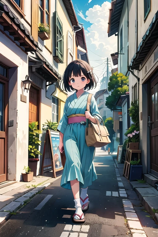 best quality,(masterpiece:1,2),highres,original,perfect lighting,extremely detailed wallpaper,(extremely detailed CG:1.2),Japanese manga style,Studio Ghibli,Hayao Miyazaki style,high saturation,rich details,A girl carrying a bag walking down the street,