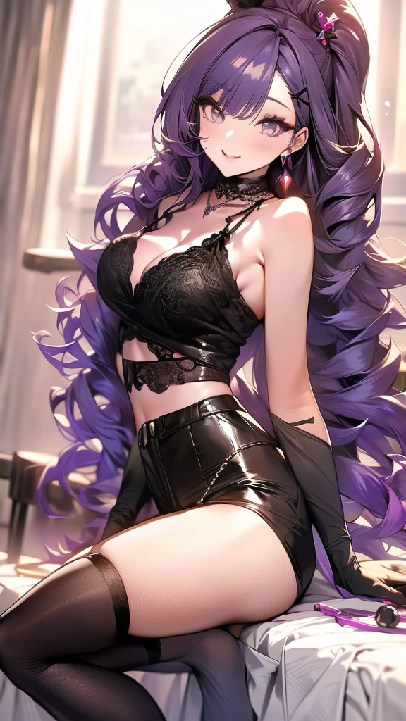 high tail hairstyle, Ponytail hairstyle, Long wavy black hair, standing posing, anime girl style, pixel art anime style,penetrating look with deep eyes,red and purple eyes, hair with a ponytail hairstyle trapped with a big red bun, women, red hair clips, x color shaped hair clips , smiling face blush, next to his bed, lingerie, tank top, Black hair, mini skirt, big thighs,