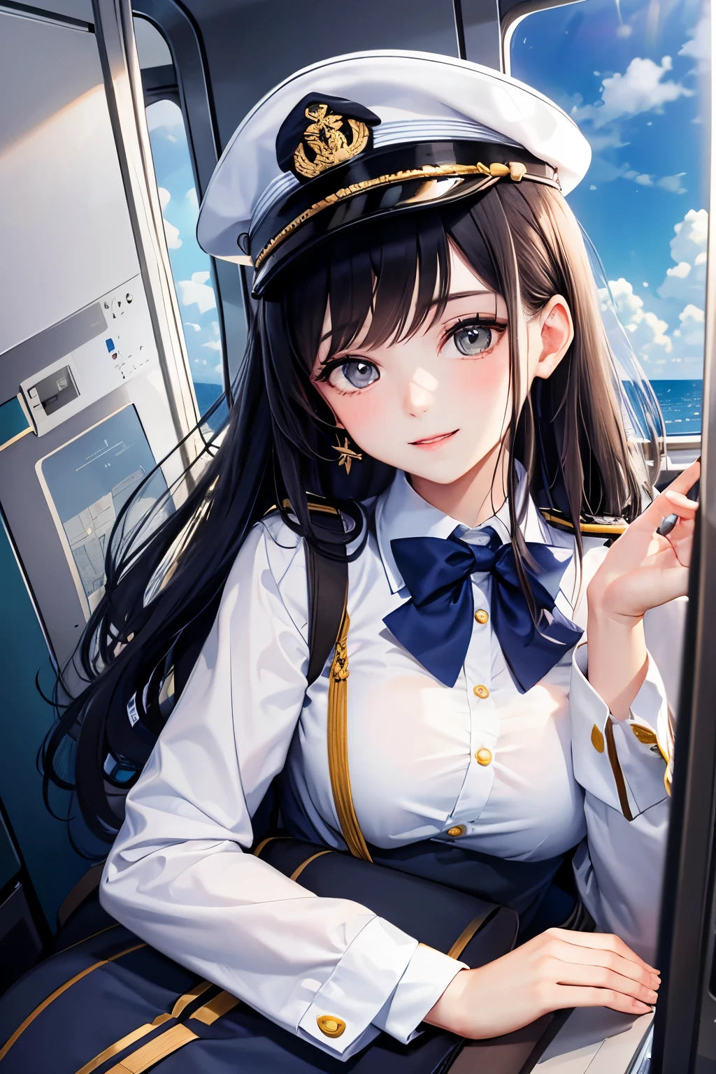 Create an illustration of a cabin attendant with long hair, big eyes, and a friendly smile. The attendant is wearing a navy blue uniform with white accents, including a white blouse and a bow tie. The uniform has gold buttons and the attendant is wearing a matching navy blue cap with gold detailing. The background should be the interior of an airplane cabin, with visible seats, windows, and overhead compartments, suggesting the attendant is in their work environment.