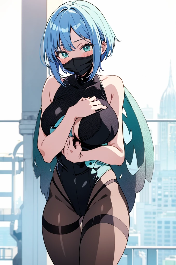 Anime, anime girl, aqua blue hair, short hair, bangs, green eyes, short hair, half mask, covered mouth, black One Piece, leotard, tights, breasts, big breasts, black panties, beautiful eyes, masterpiece, 4k, high quality, high resolution, hands behind back, long legs, thick thighs