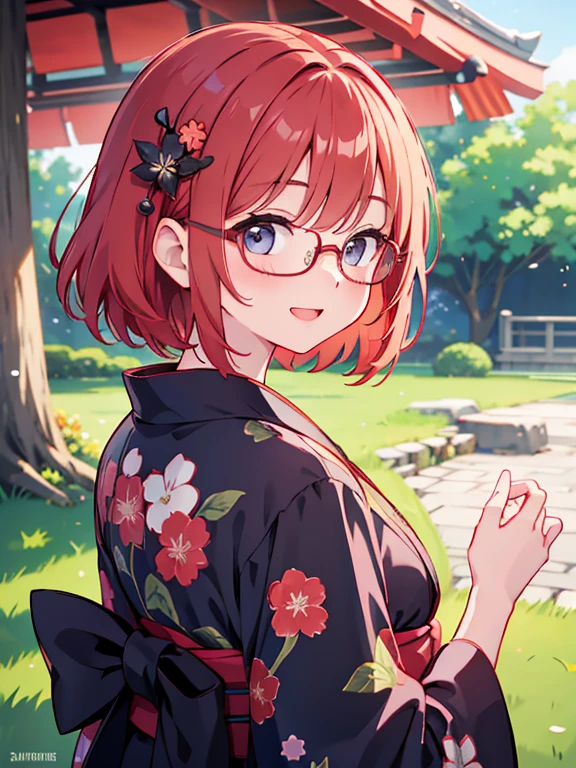 cute、Redhead、short hair、Japanese、Staring at this、Fleeting、masterpiece、Vivid、Black yukata、Laughter、kind、turn around,summer,hair ornaments,Glasses,1 person,Upper Body